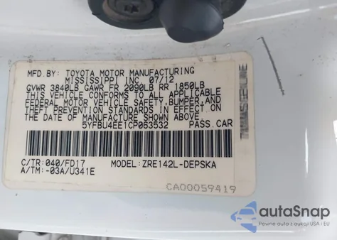 2012 Toyota Corolla S z USA, uszkodzony, nr VIN 5YFBU4EE1CP063532